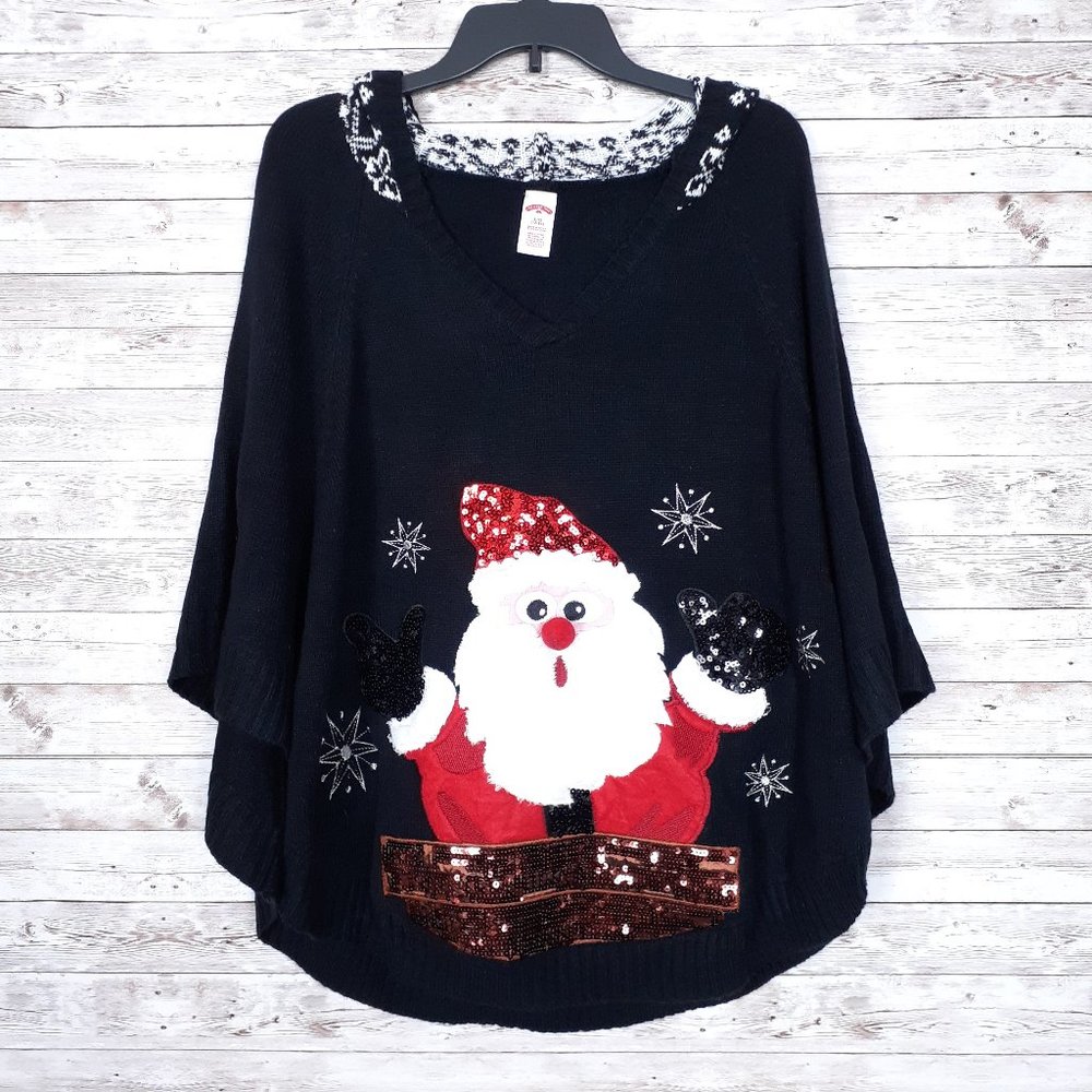 Womens Hooded Christmas Poncho L Santa Sequins Black 992 - Picture 1 of 6